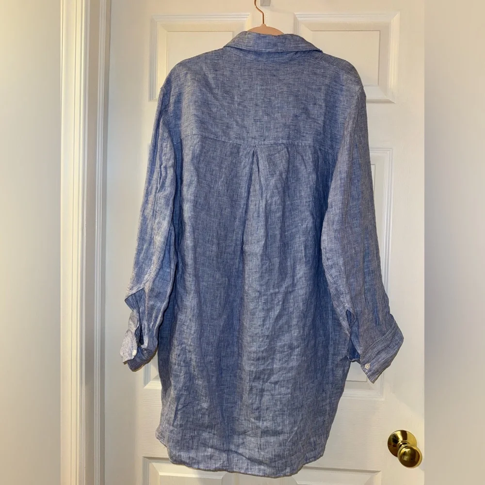 ZARA Oversized Button-Up Shirt - Blue/White Striped - 100% Linen - Size L - Picture 7 of 9